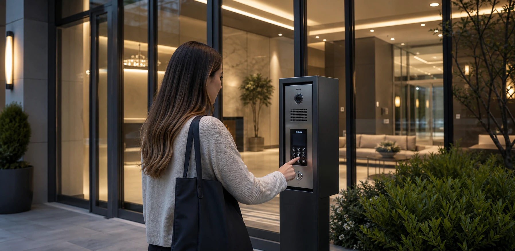 Visitor using a commercial video intercom system at a multifamily apartment entrance