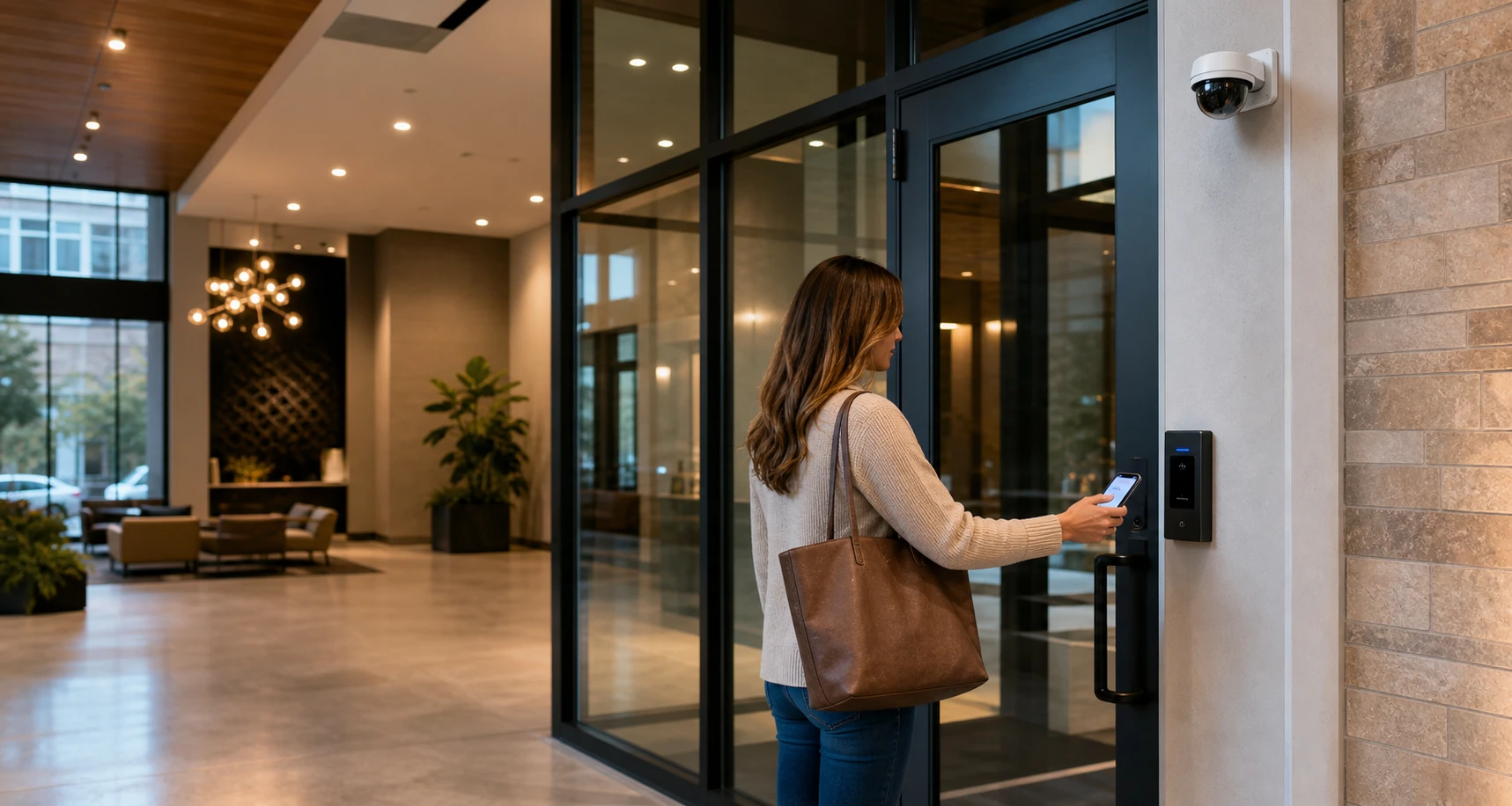 Resident using a mobile credential at a secure multifamily apartment entrance