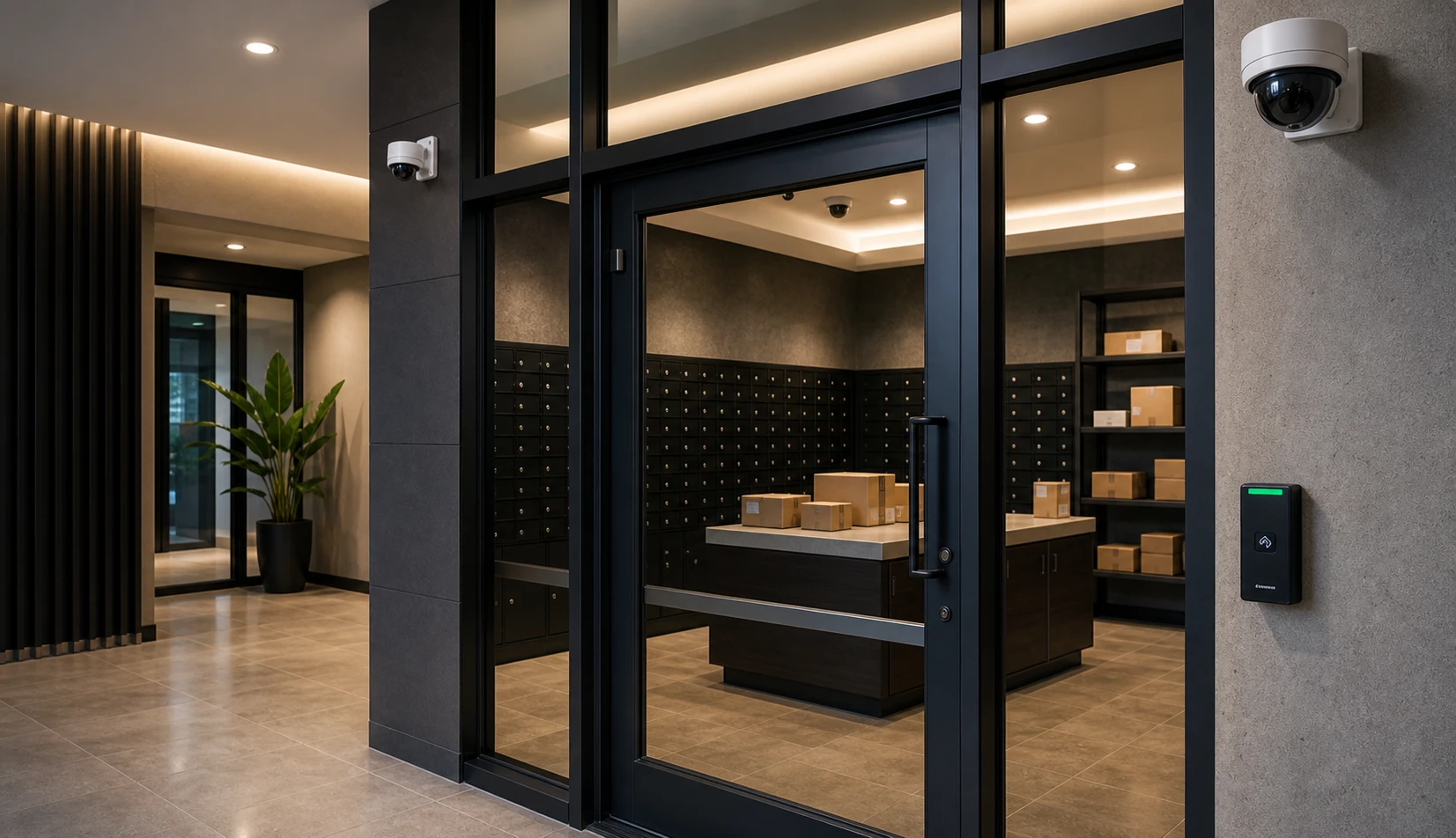 Security cameras and access reader protecting a secured apartment package room