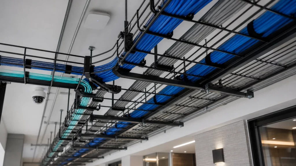 Organized structured cabling in overhead trays supporting multifamily building technology