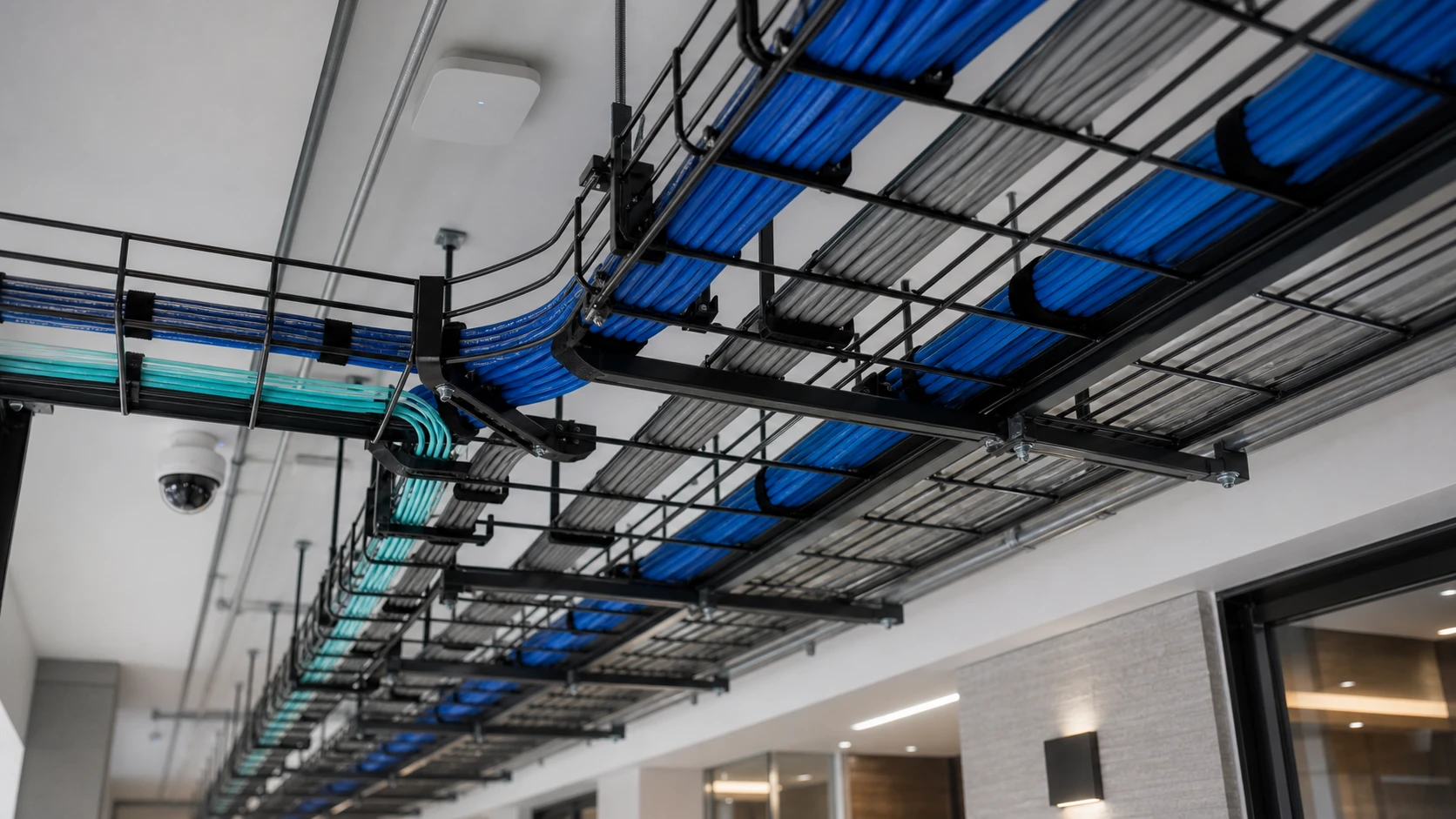 Organized structured cabling in overhead trays supporting multifamily building technology