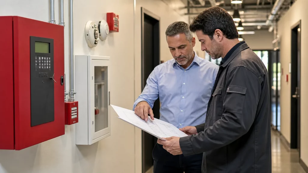 Facility manager and technician reviewing life safety equipment in a commercial building
