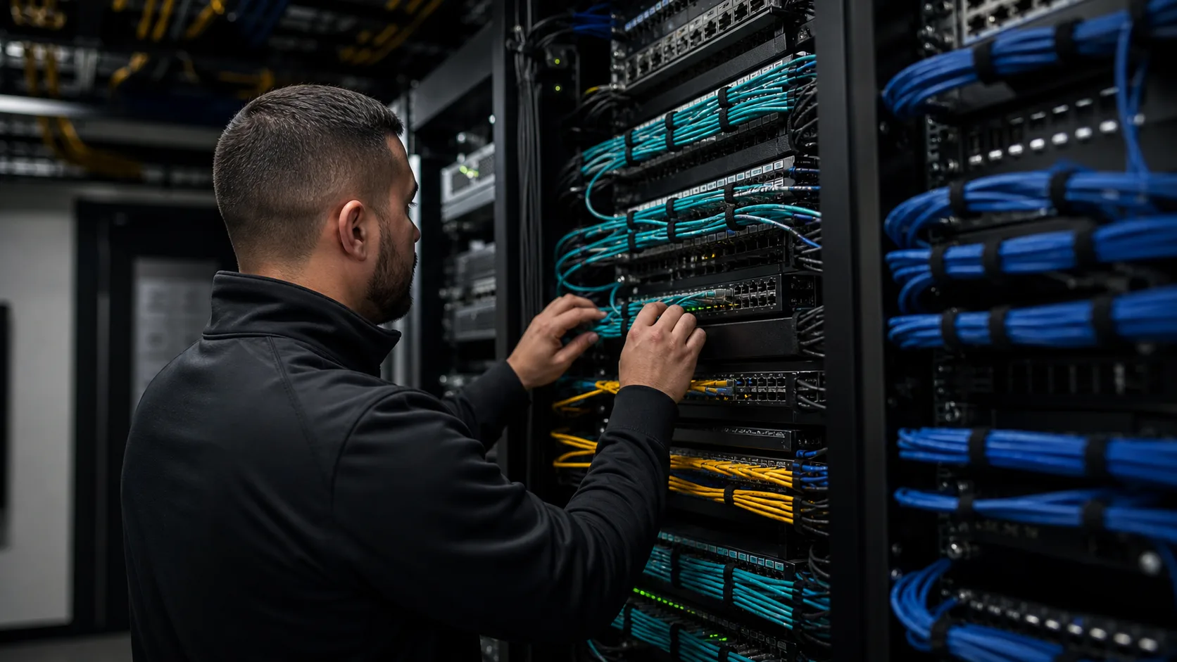 Organized commercial network rack showing segmented infrastructure for security and business IT systems