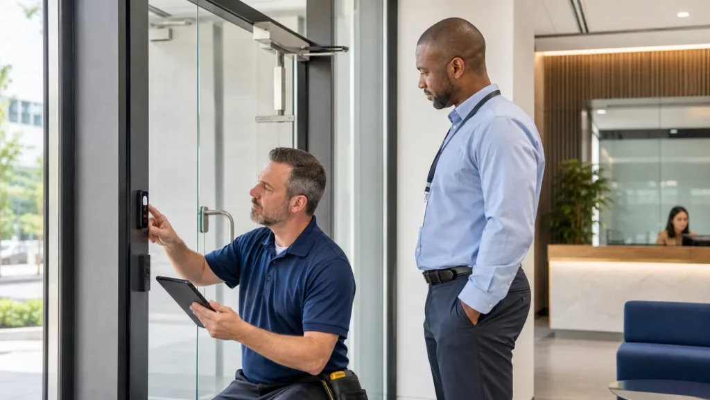 Technician inspecting a commercial door access reader with a facilities manager
