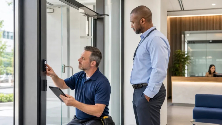 Technician inspecting a commercial door access reader with a facilities manager