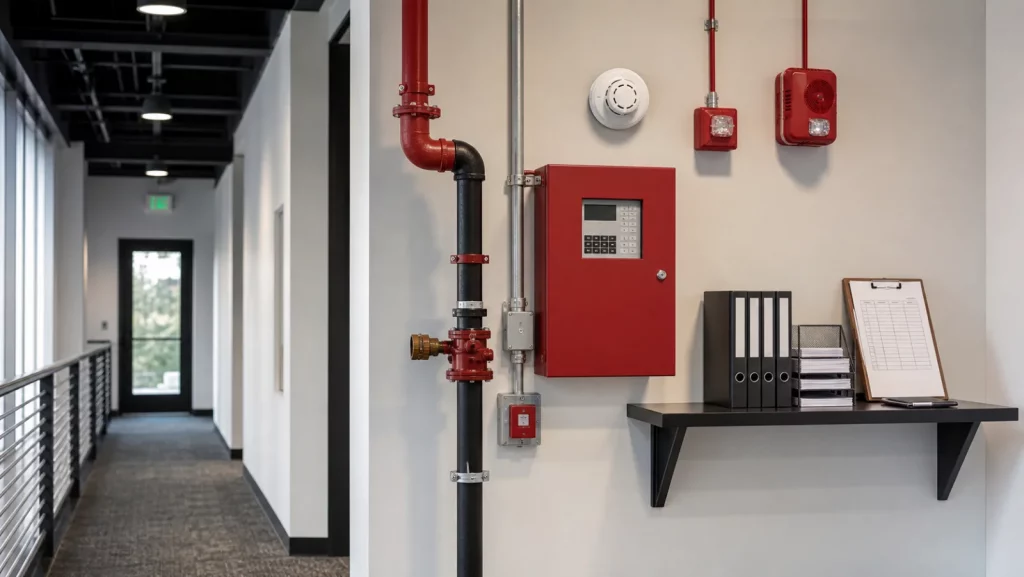 Commercial corridor with fire alarm panel, notification devices, detector, and sprinkler piping