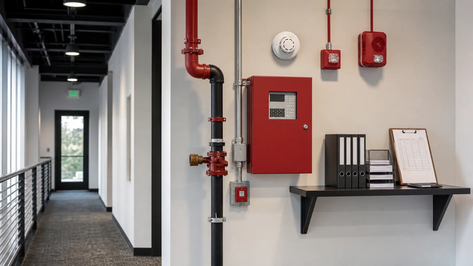 Commercial corridor with fire alarm panel, notification devices, detector, and sprinkler piping