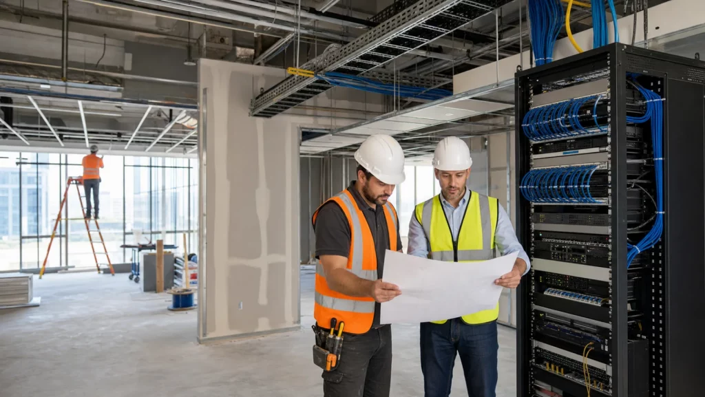 Low-voltage technician and project manager reviewing office renovation plans near a network rack