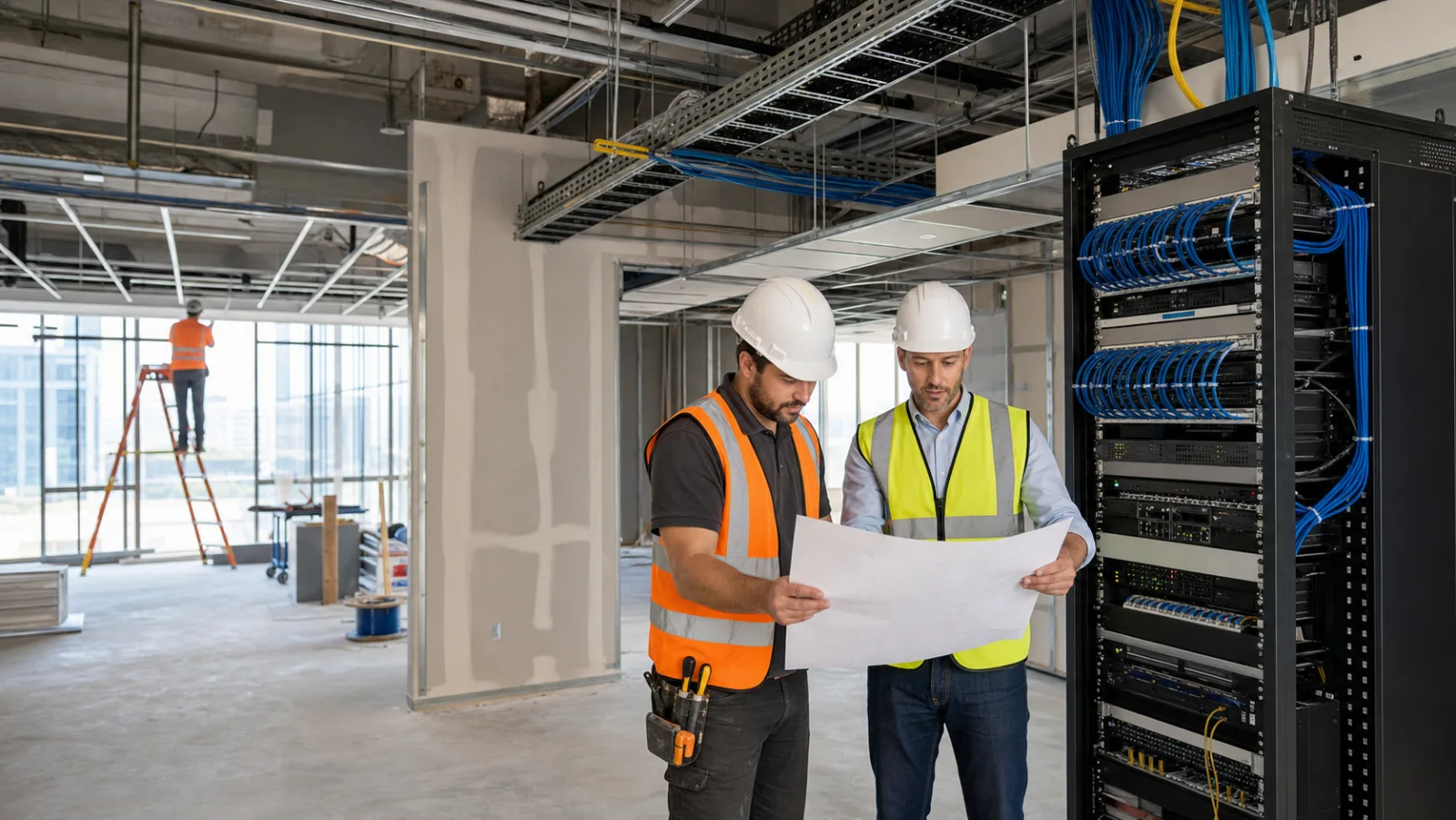 Low-voltage technician and project manager reviewing office renovation plans near a network rack