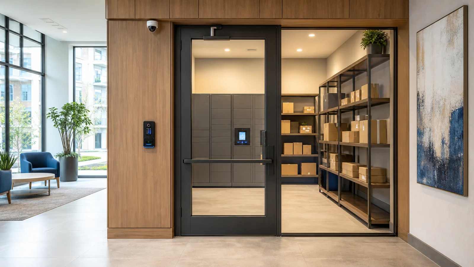 Secure apartment package room with controlled entry, lockers, shelving, and a security camera
