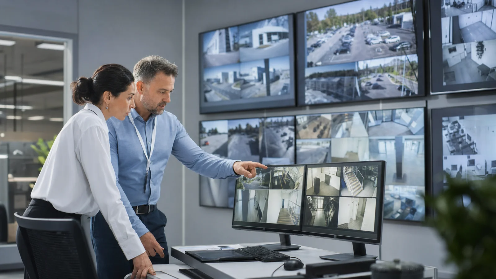 Facilities and security professionals reviewing commercial camera footage