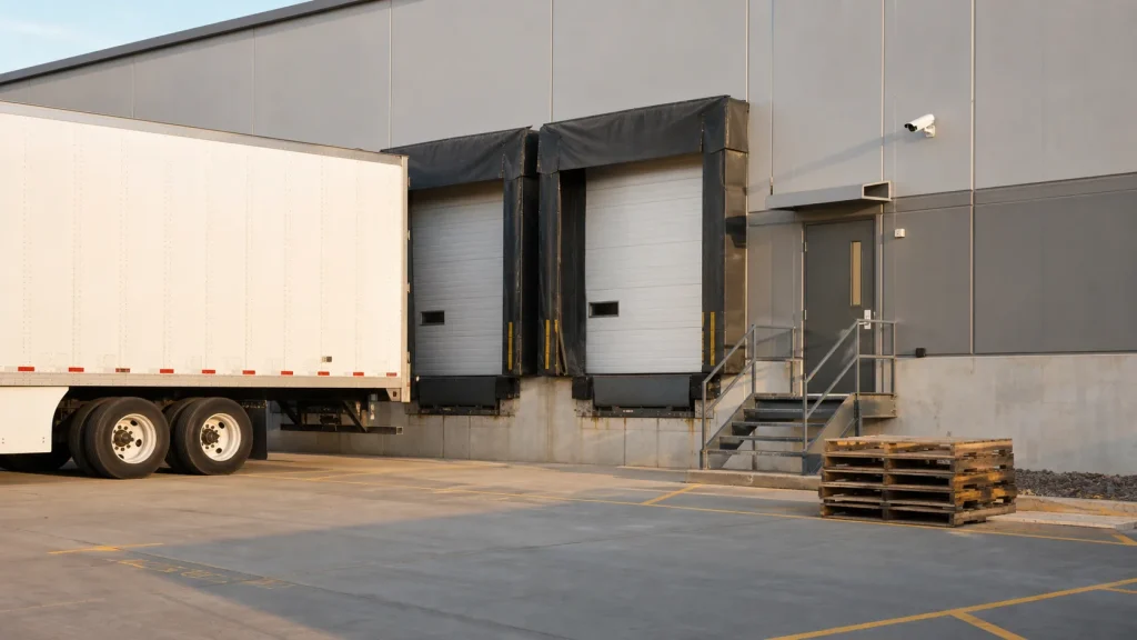 A warehouse loading dock with a parked trailer, personnel entrance, and wall-mounted security camera