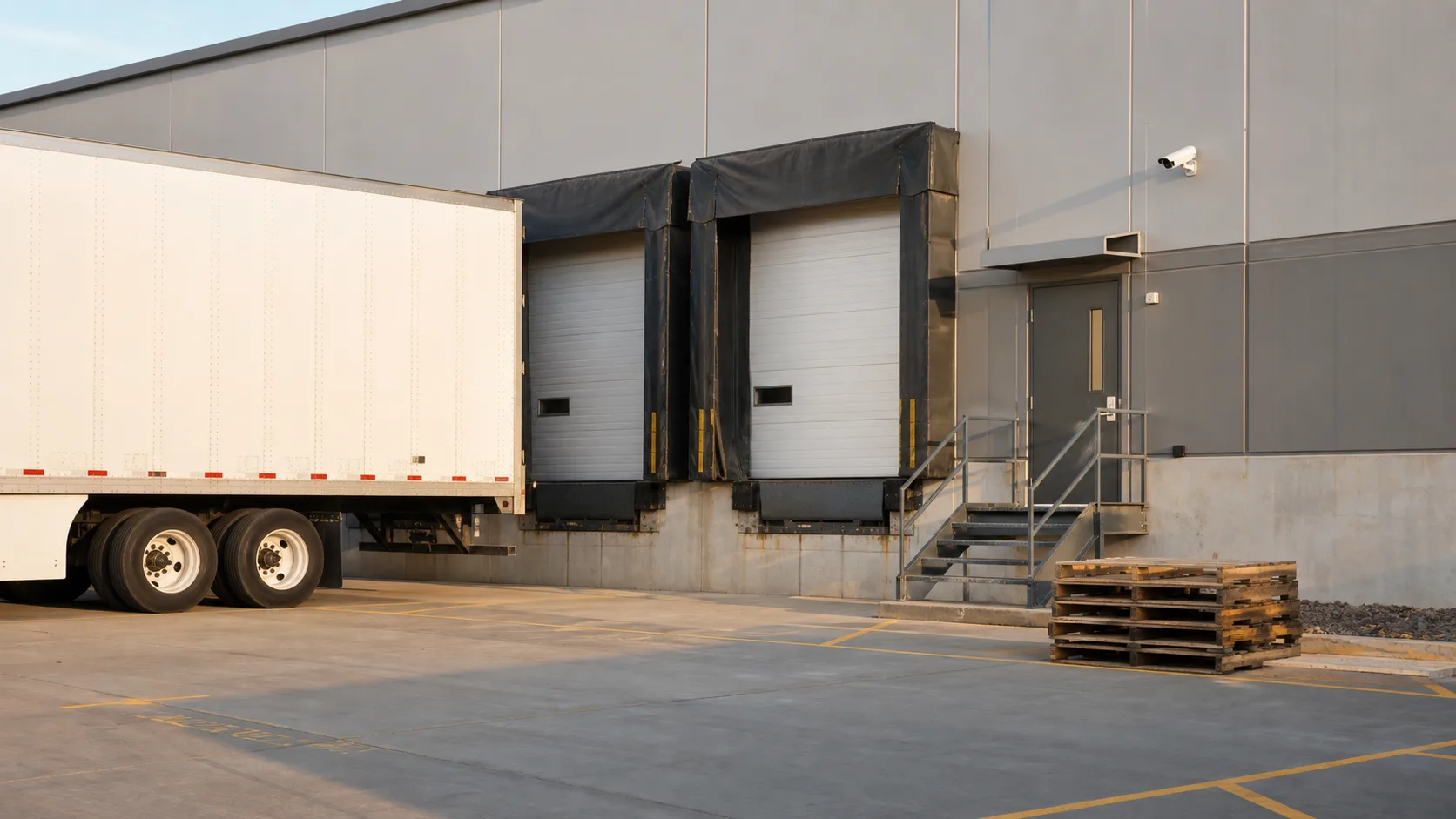 A warehouse loading dock with a parked trailer, personnel entrance, and wall-mounted security camera