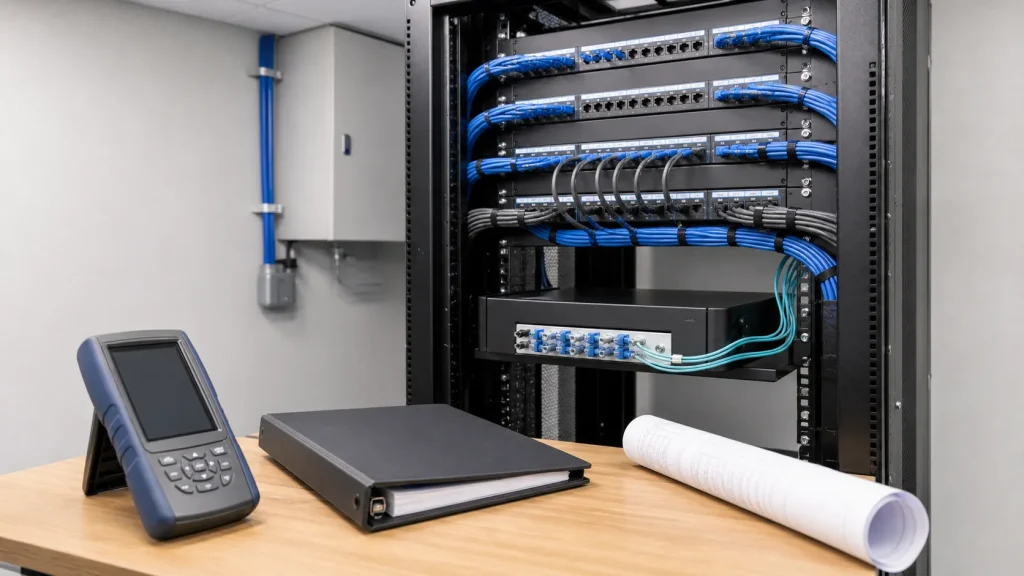 Organized network patch panels with a cable tester, documentation binder, and rolled plan on a workbench