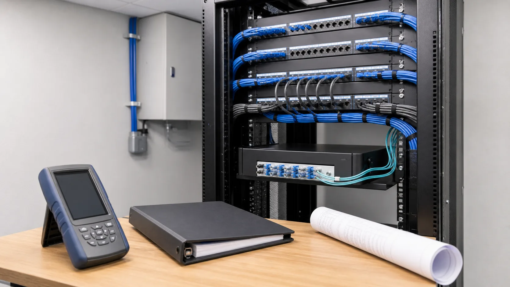 Organized network patch panels with a cable tester, documentation binder, and rolled plan on a workbench