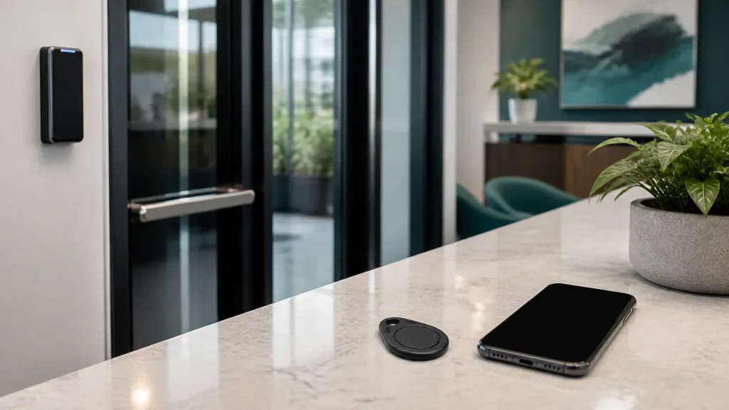 Key fob and smartphone beside a commercial office access reader
