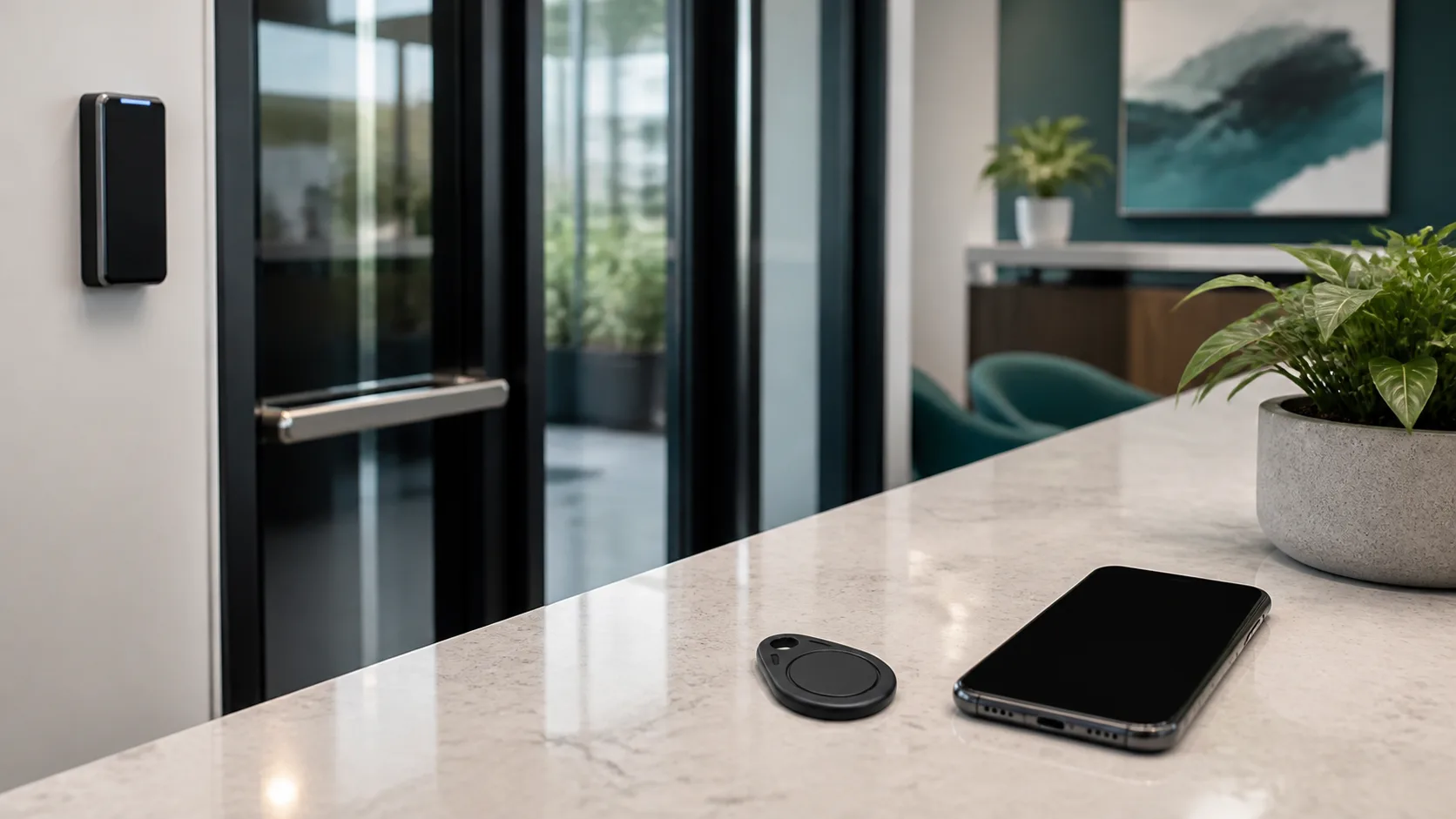 Key fob and smartphone beside a commercial office access reader