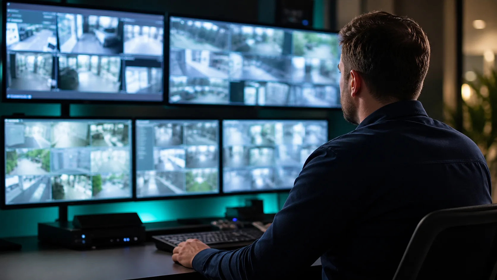 Security technician reviewing multiple camera views at a workstation