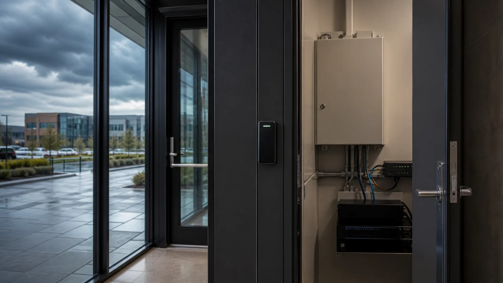 Commercial access reader near a secure equipment room during stormy weather