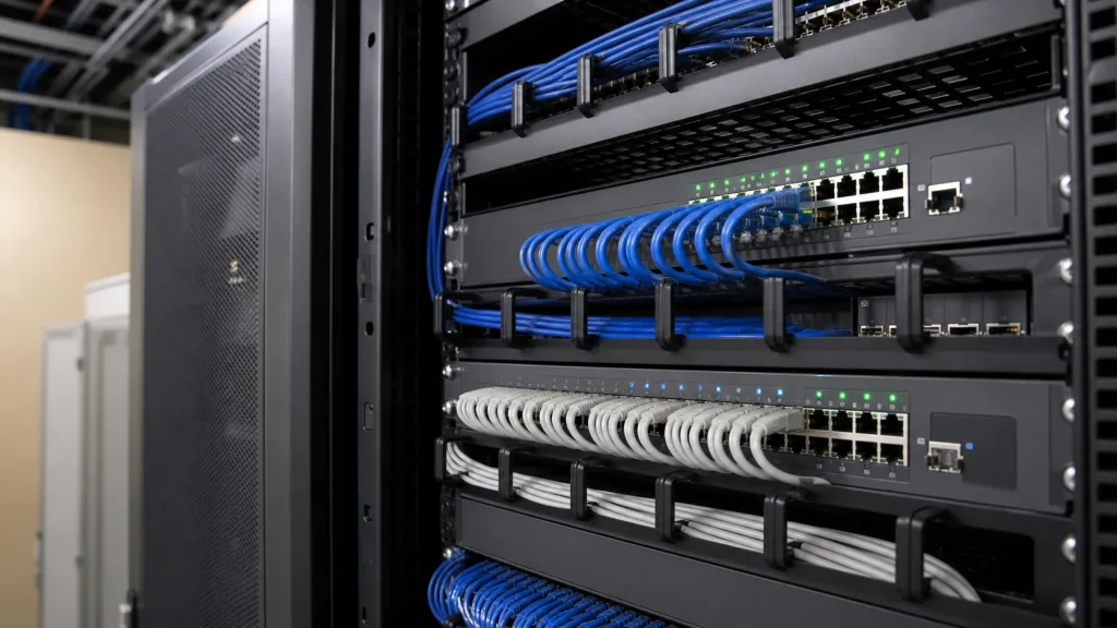 Neatly organized network switches and patch cables in a commercial rack